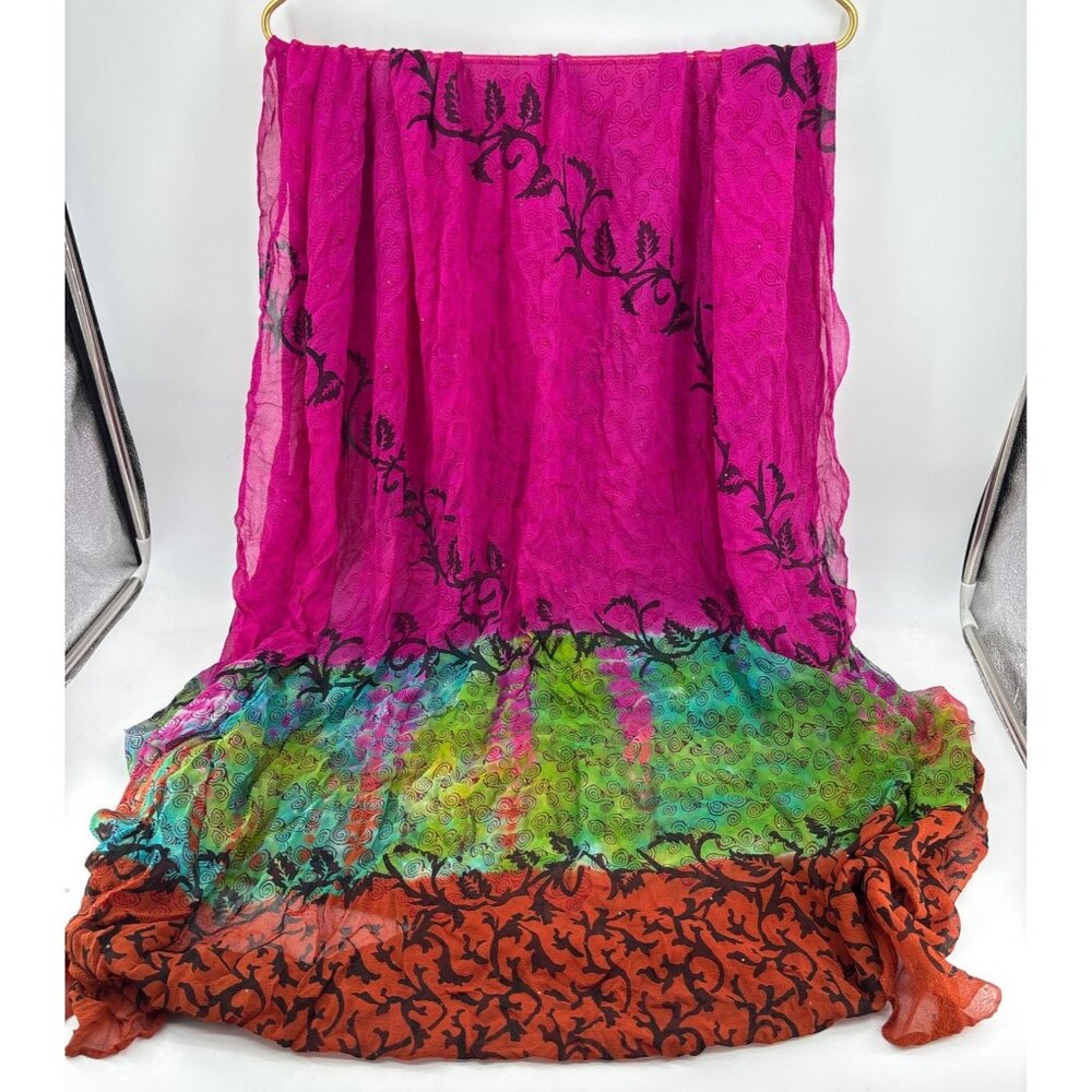 Multicolor Chiffon Scarf With Black Floral & Swirl Patterns